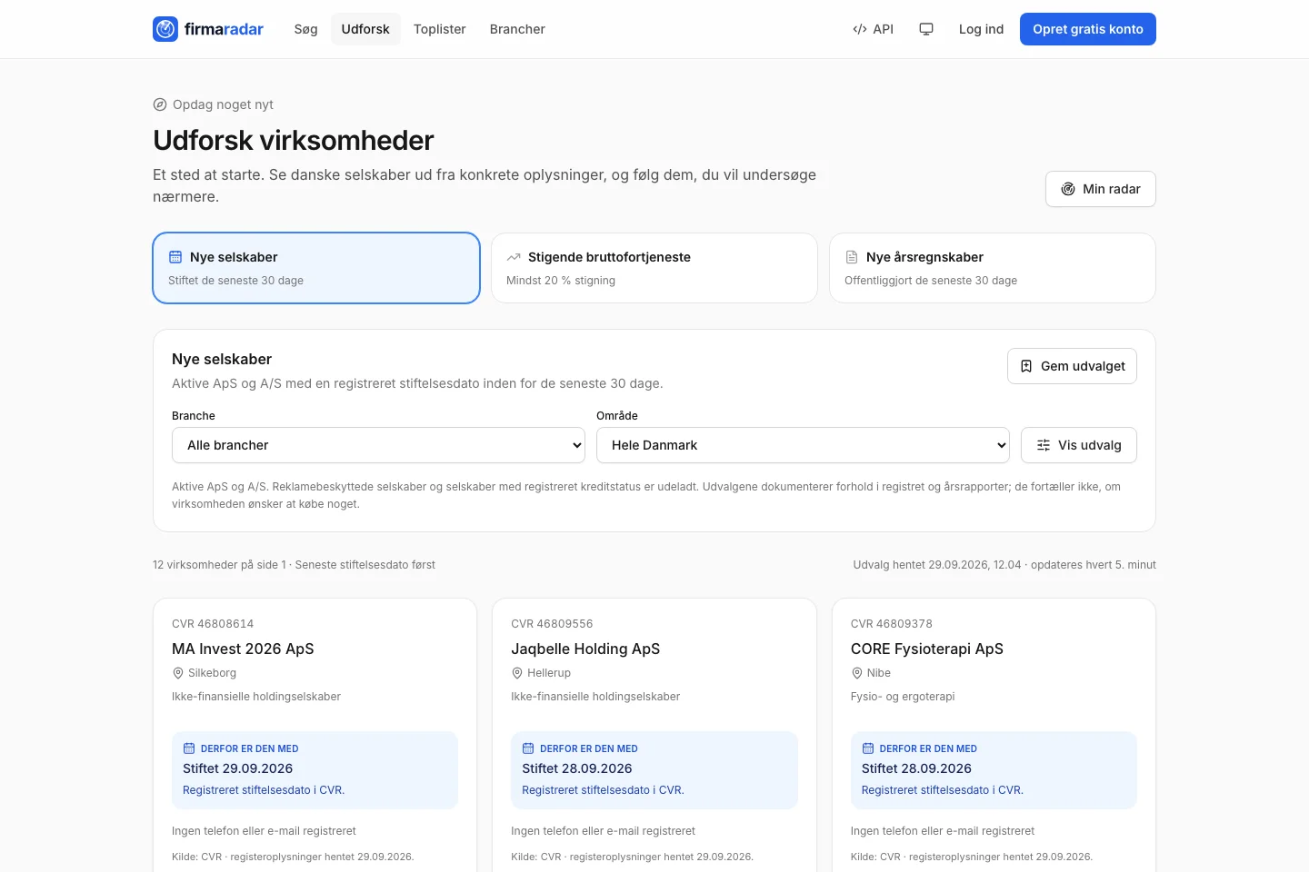 Firmaradars udforskning med filtre på branche og område samt kort over nye selskaber